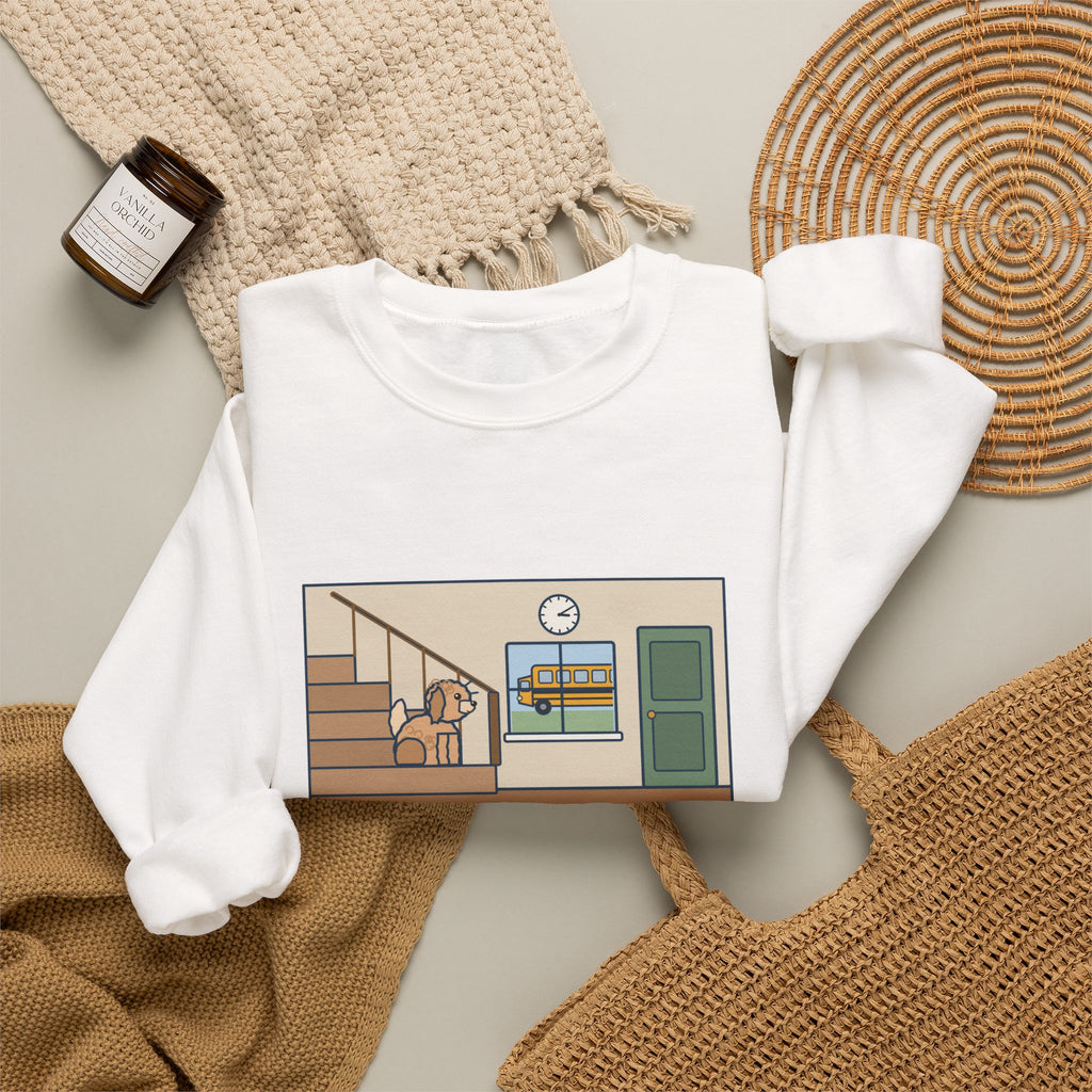 Maltipoo Sweatshirt, Seven Pounds, Waits on the Stairs at 3:10 Every Day for the School Bus, Funny Front Hall Wait Crewneck