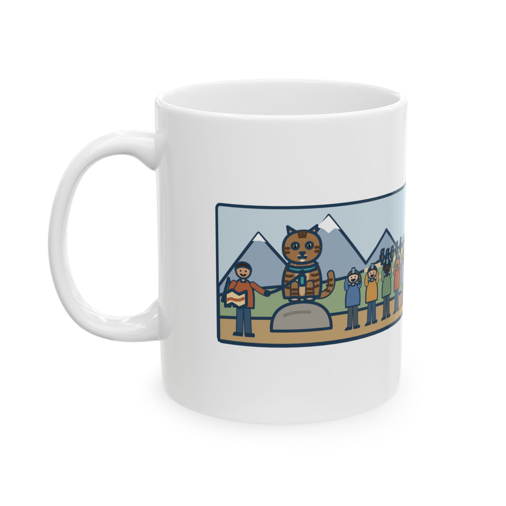Adventure Cat Mug, Took Her Up the Trail in Her Harness, Twelve Hikers Stopped for a Photo, Funny Coffee Mug 11oz