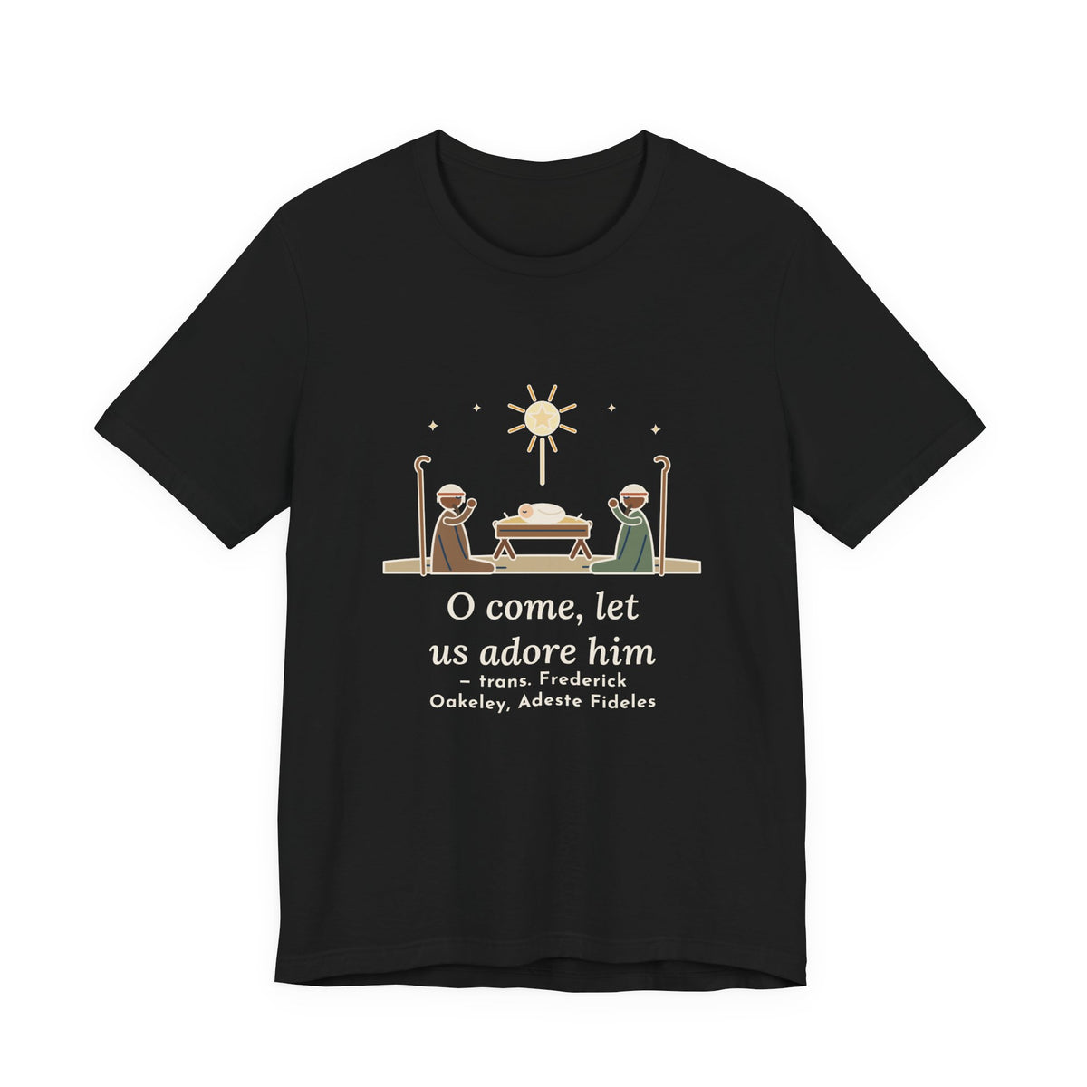 Oakeley Quote T-Shirt, O Come, Let Us Adore him, Christmas Woodcut Manger Tee