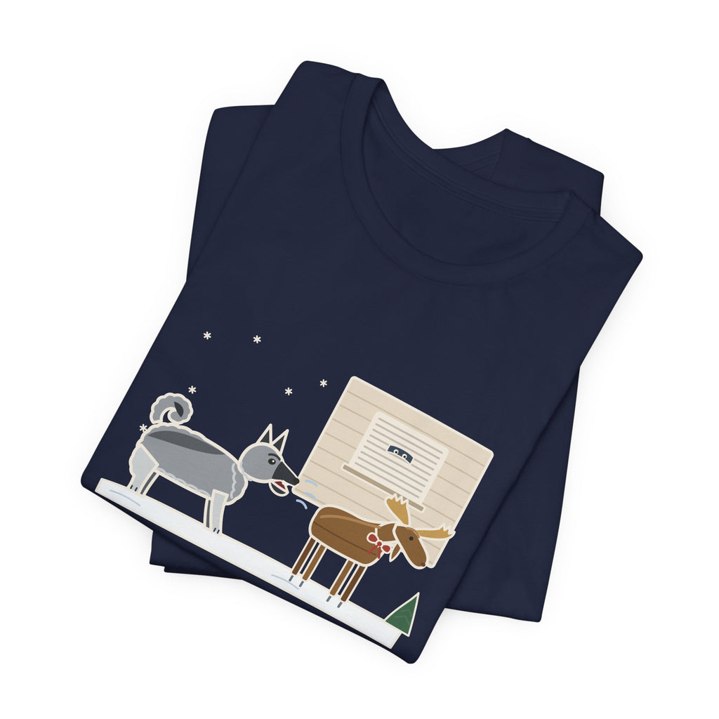 Norwegian Elkhound T-Shirt - Barked at the Plastic Lawn Moose for an Hour, Winter Dog Tee
