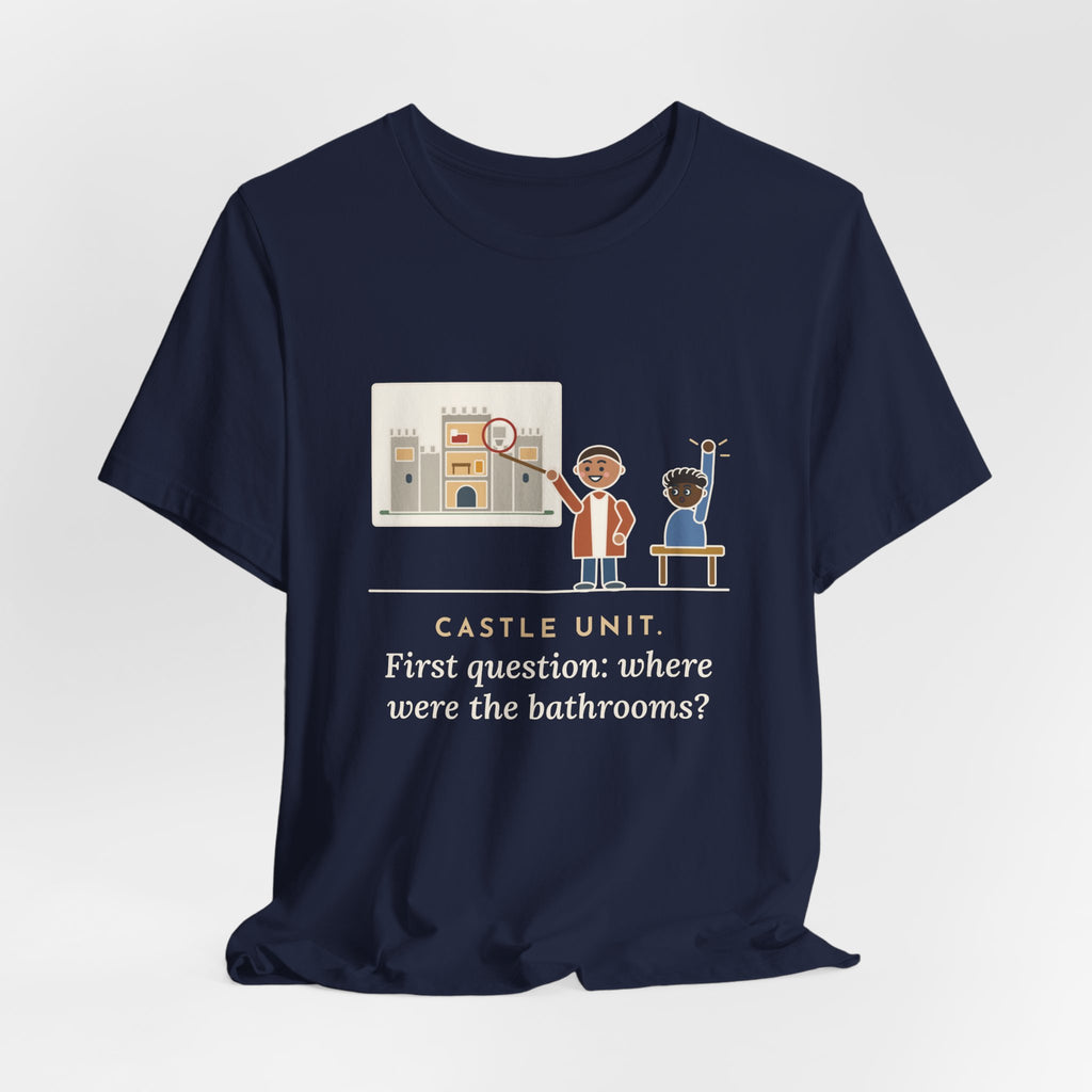 World History Teacher T-Shirt - Castle Unit, First Question: Where Were the Bathrooms