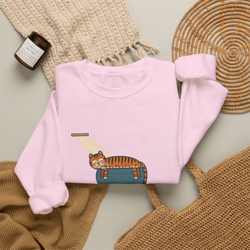 Tiger-Striped Cat Crewneck Sweatshirt - Sprawled on the Ottoman Like a Tiger on a Sun Rock Cat Gift
