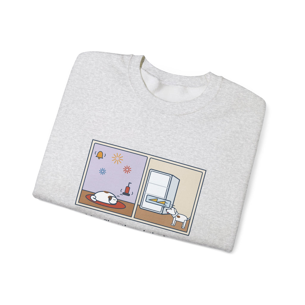 Deaf Dog Sweatshirt, Slept Through the Doorbell and Fireworks, Woke Up When the Cheese Drawer Opened, Funny Two Panels Crewneck