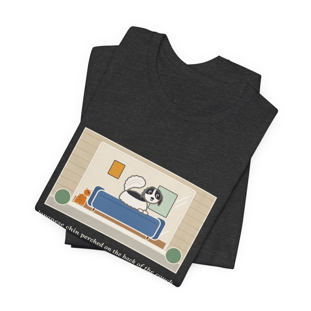 Funny Japanese Chin T-Shirt, Perched on the Back of the Couch Like a Cat, Watching the Street, Window Lookout Tee