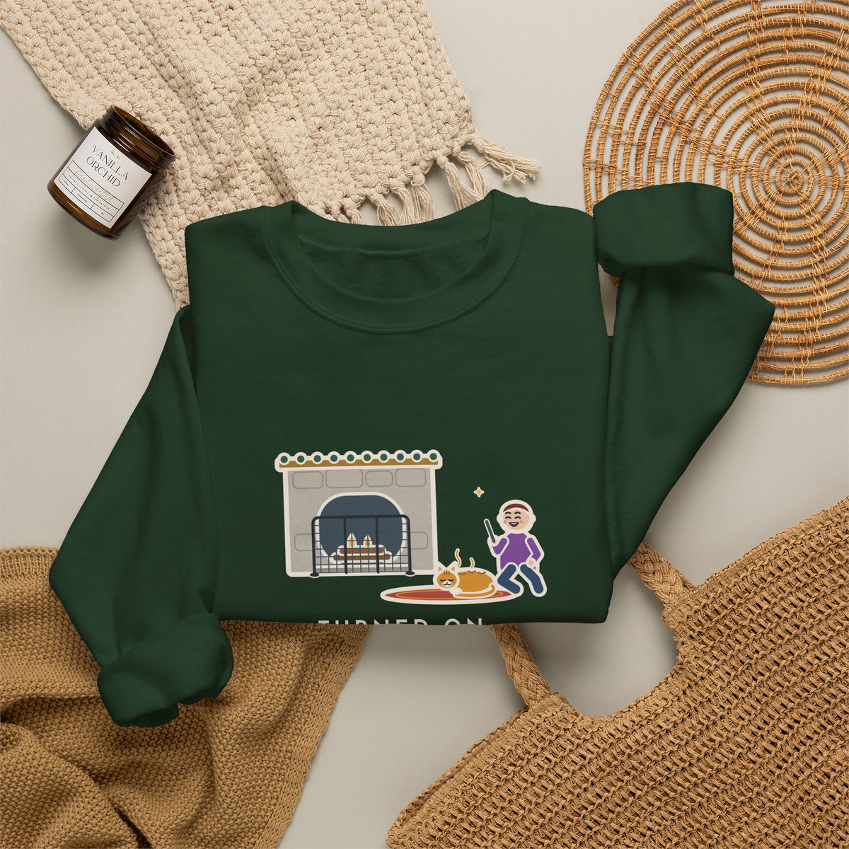 Fireplace Cat Sweatshirt, Turned On the Fireplace, The Cat Claimed the Warm Spot Before the Logs Caught, Funny Hearth Rug Crewneck
