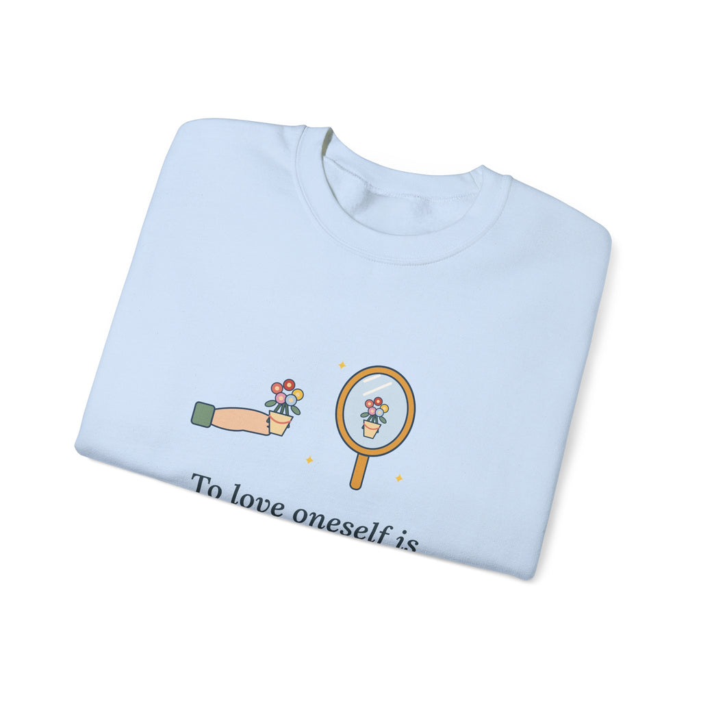 To Love Oneself Is the Beginning of a Life-Long Romance Sweatshirt, Self-Love Oscar Wilde Quote Crewneck with Mirror Bouquet