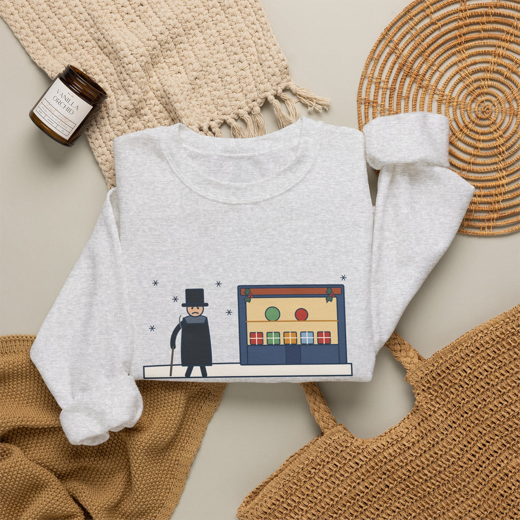 Bah Humbug Sweatshirt, Christmas Dickens Quote Crewneck with Snowy Shop Window