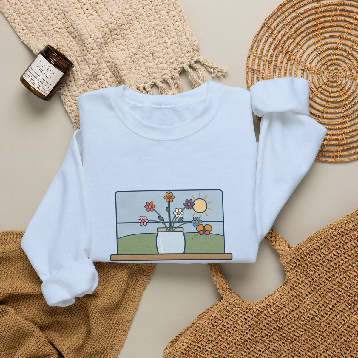 A Thing of Beauty Is a Joy Forever Sweatshirt, Nature John Keats Quote Crewneck with Wildflower Jar