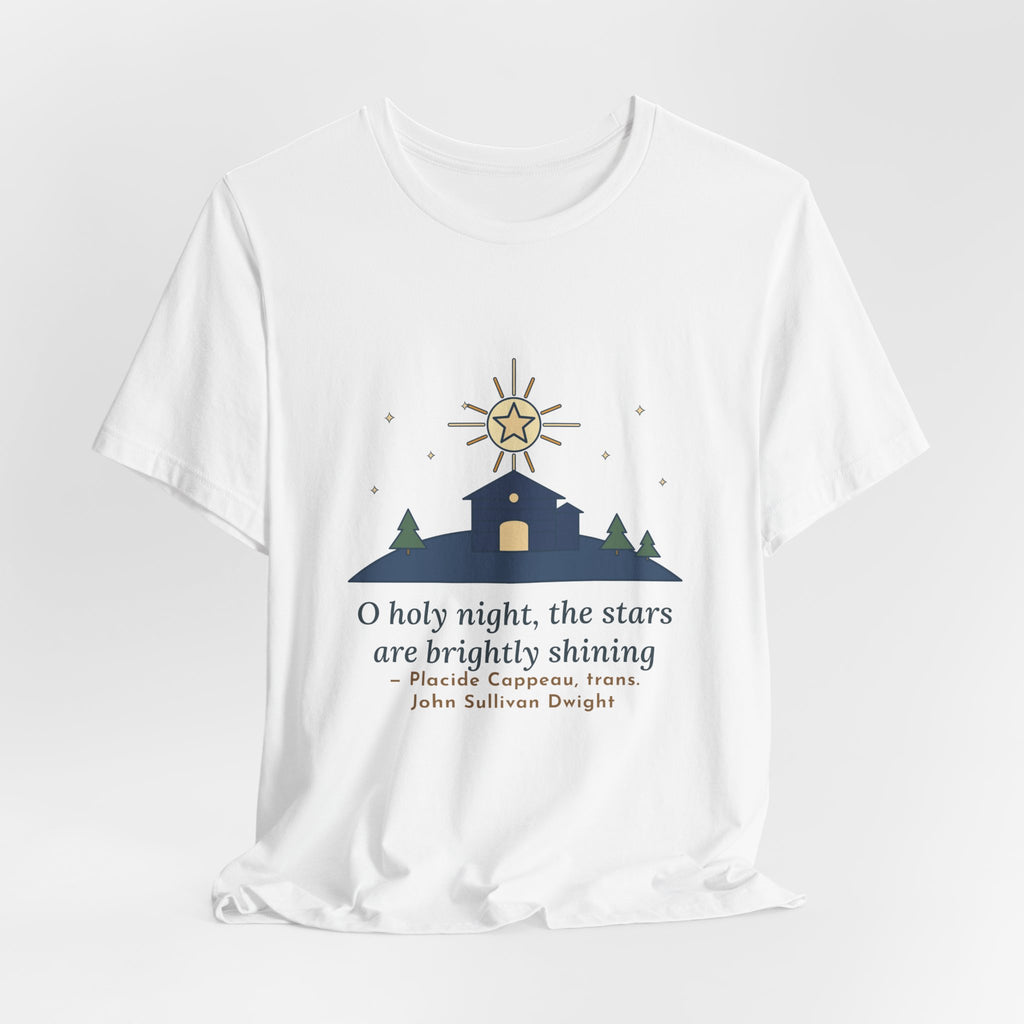 Cappeau Quote T-Shirt, The Stars Are Brightly Shining, Christmas Star over Stable Tee
