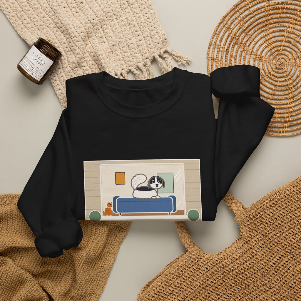 Japanese Chin Sweatshirt, Perched on the Back of the Couch Like a Cat, Watching the Street, Funny Window Lookout Crewneck