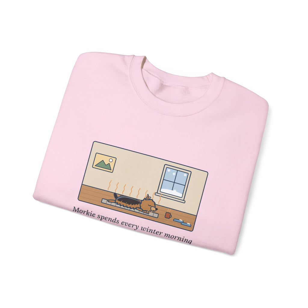 Morkie Sweatshirt, Every Winter Morning Stretched Across the Heating Vent, Funny Warm Spot Crewneck