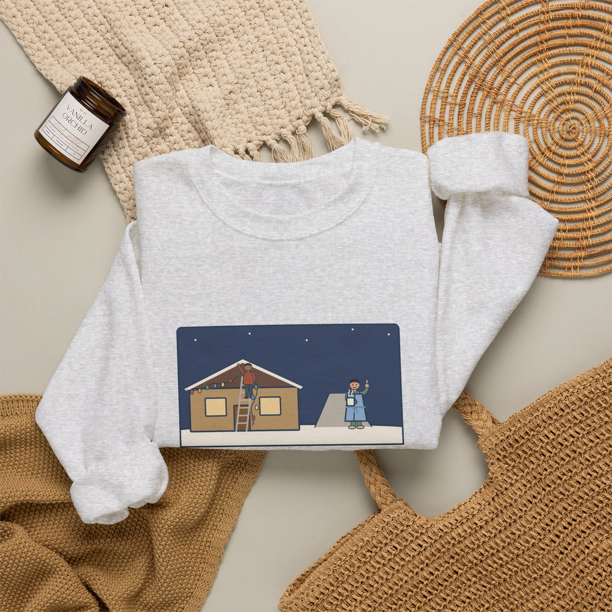 Christmas Lights Sweatshirt, Hung Them on the House, The Neighbor Supervised from His Driveway with Coffee