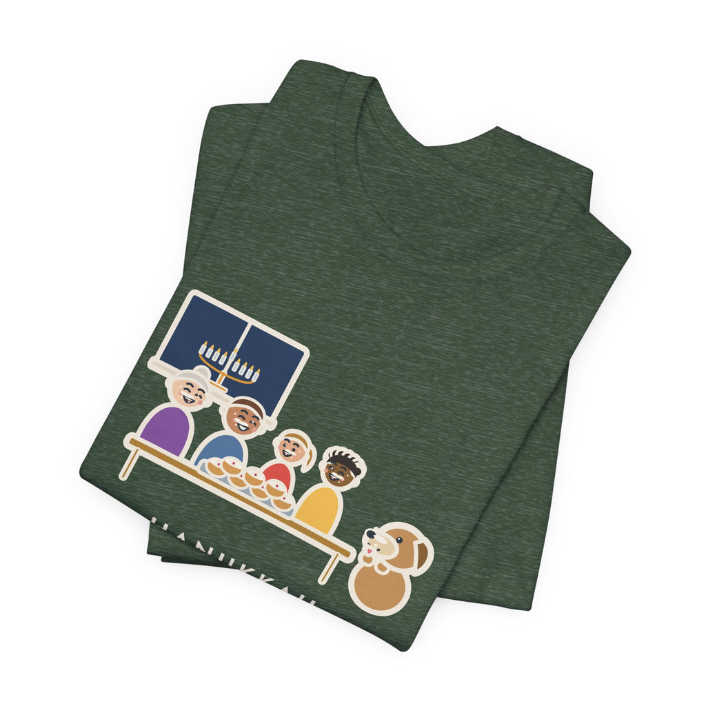 Funny Hanukkah T-Shirt, One Tray of Jelly Doughnuts, Powdered Sugar on Every Face, the Dog's Too, Sugar Mustaches Tee