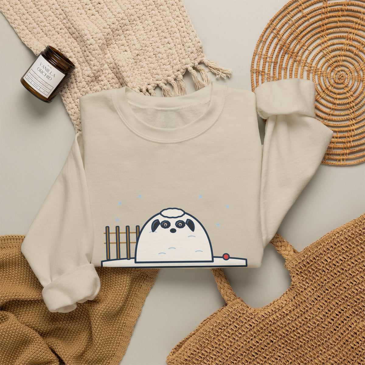 Sheepadoodle Sweatshirt, Sat Down in the Snow and Became a Snowdrift with Eyes, Funny Snowy Yard Crewneck