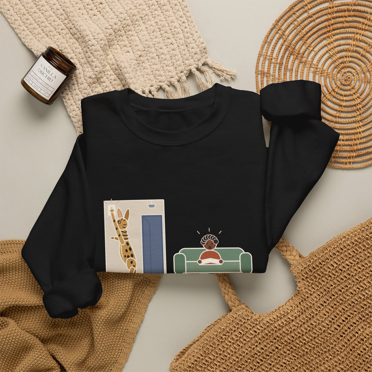 Serengeti Cat Crewneck Sweatshirt - Long-Legged Spotted Cat at the Light Switch