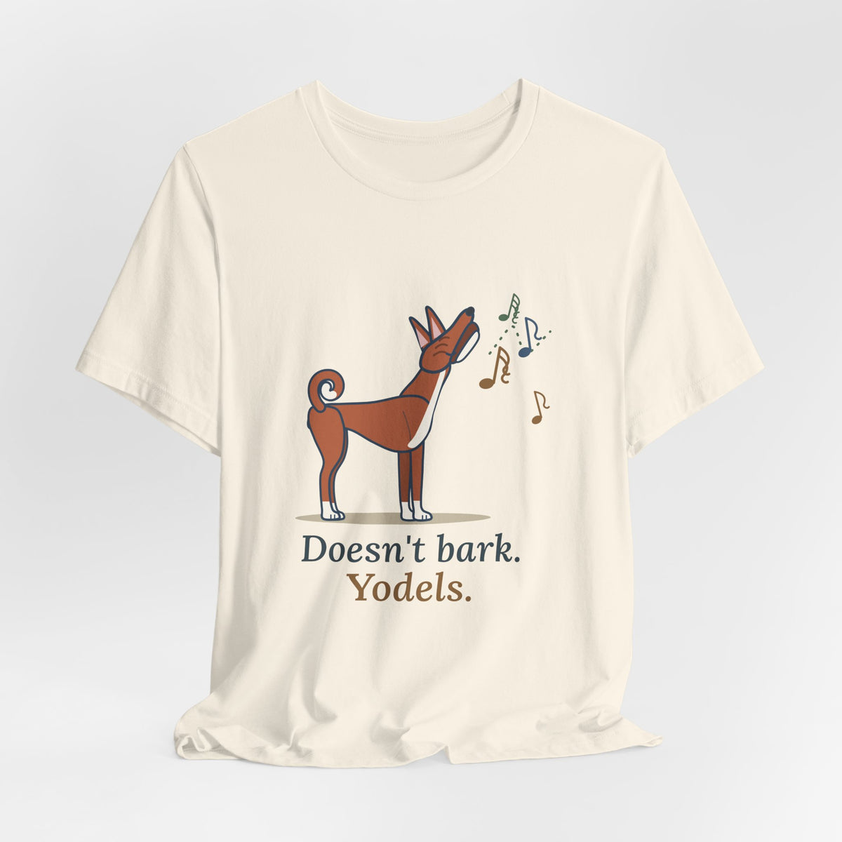 Basenji T-Shirt - Doesn't Bark. Yodels. Funny Barkless Dog Owner Tee