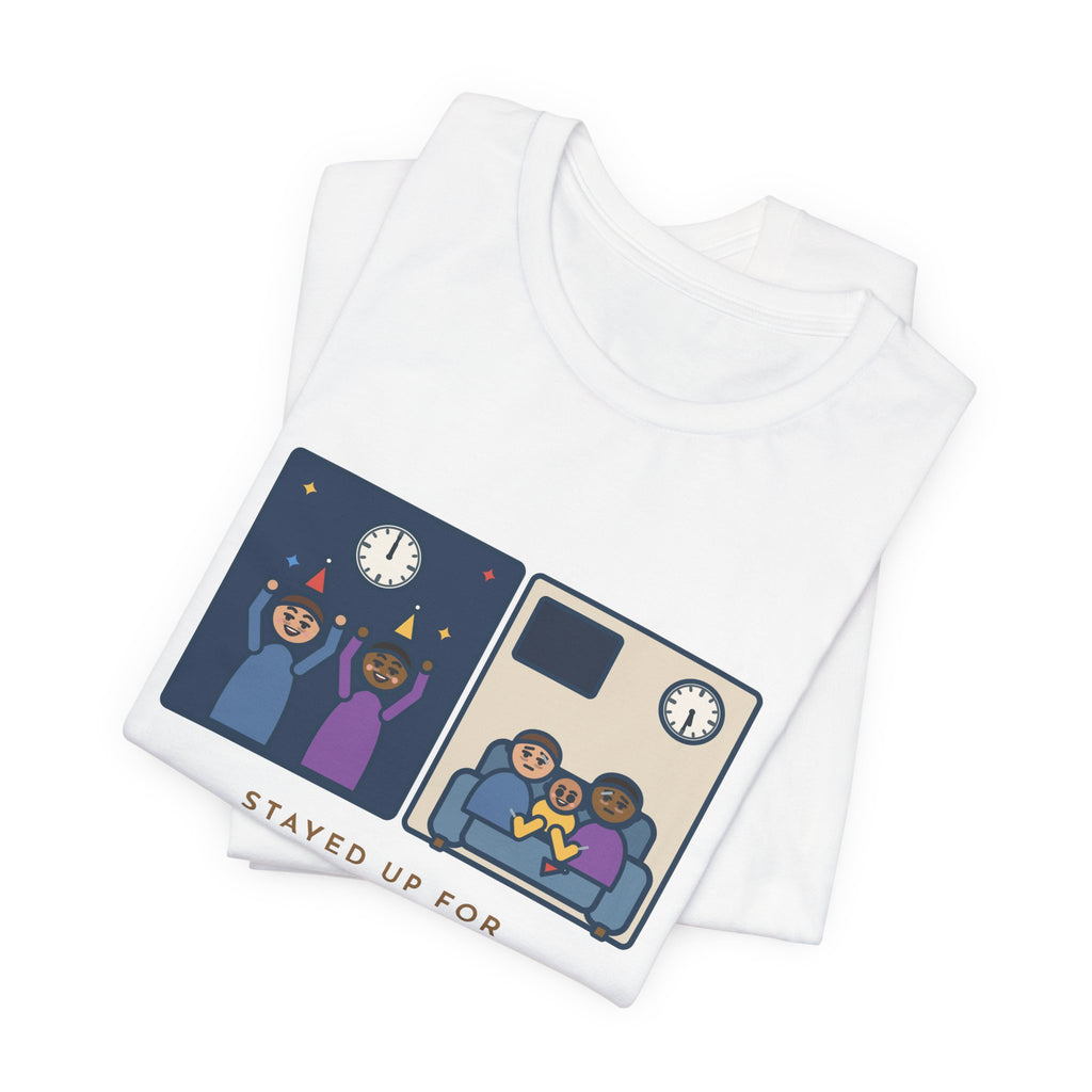 Funny New Year's Eve T-Shirt, Stayed Up for Midnight, The Baby Started the New Year at 5:30 a.m., Two Clocks Tee