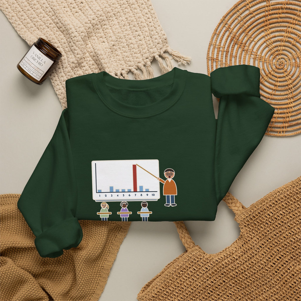 Statistics Teacher Crewneck Sweatshirt - Random Number Bar Chart Spike at Seven