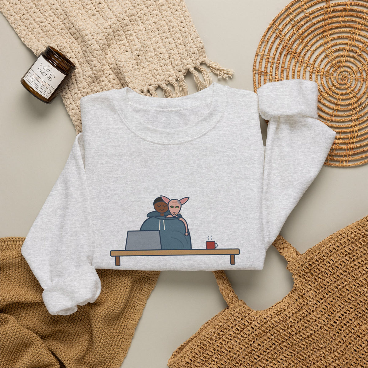 Peterbald Cat Found the Warmest Spot Crewneck Sweatshirt - Funny Hairless Cat Lover Gift