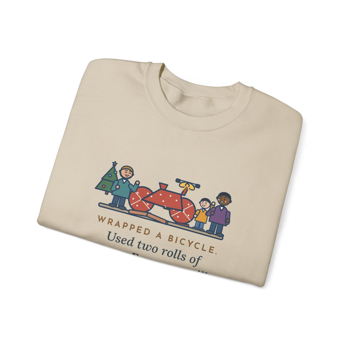 Christmas Gift Sweatshirt, Wrapped a Bicycle with Two Rolls of Paper, Everyone Still Knew, Funny Christmas Morning Crewneck