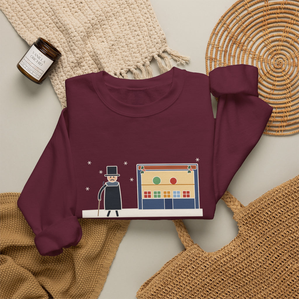 Bah Humbug Sweatshirt, Christmas Dickens Quote Crewneck with Snowy Shop Window