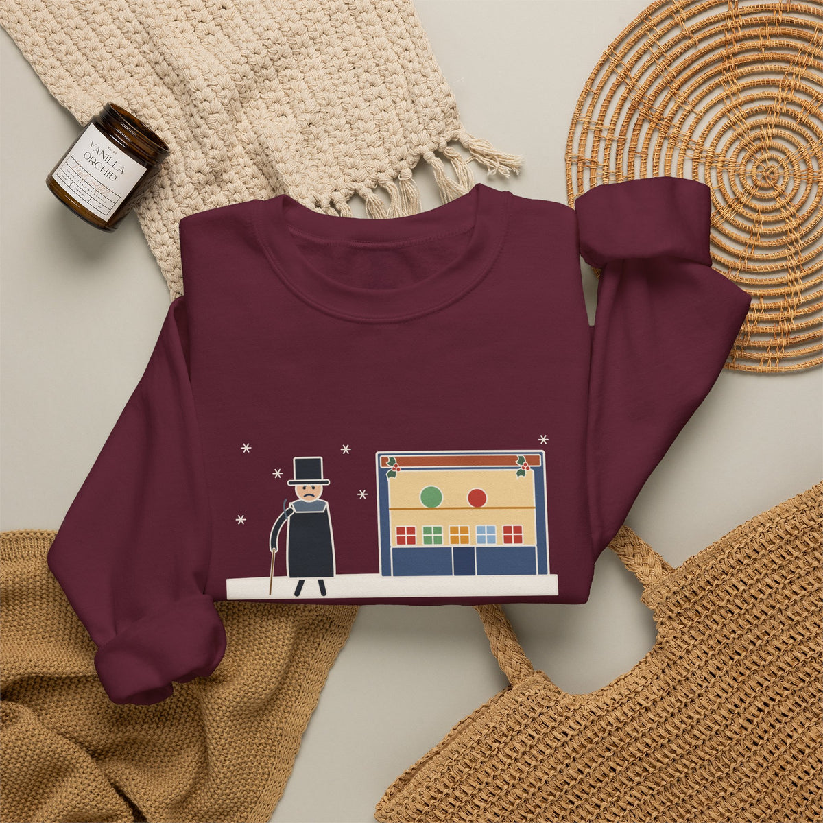 Bah Humbug Sweatshirt, Christmas Dickens Quote Crewneck with Snowy Shop Window
