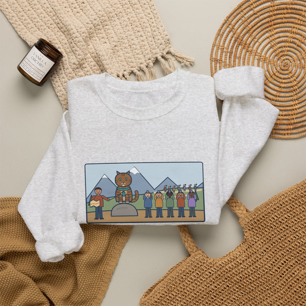 Adventure Cat Sweatshirt, Took Her Up the Trail in Her Harness, Twelve Hikers Stopped for a Photo, Funny Trail Day Crewneck