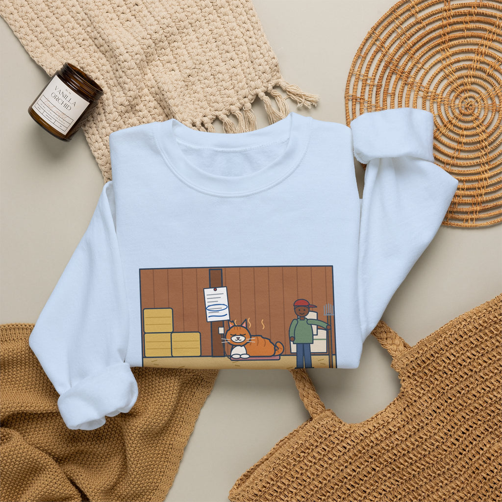 Barn Cat Sweatshirt, Showed Up in May, Now He Has a Heated Bed and His Name on the Feed Bill, Funny Barn Corner Crewneck