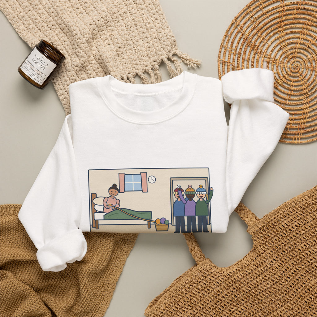 Antepartum Nurse Sweatshirt, Week Five of Bed Rest, She Knitted a Hat for Every Nurse on Day Shift, Funny Knitted Hats Crewneck