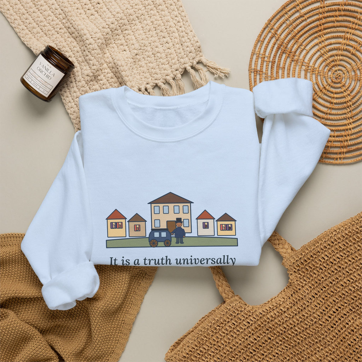 It Is a Truth Universally Acknowledged Sweatshirt, Literary Jane Austen Quote Crewneck with Village Street