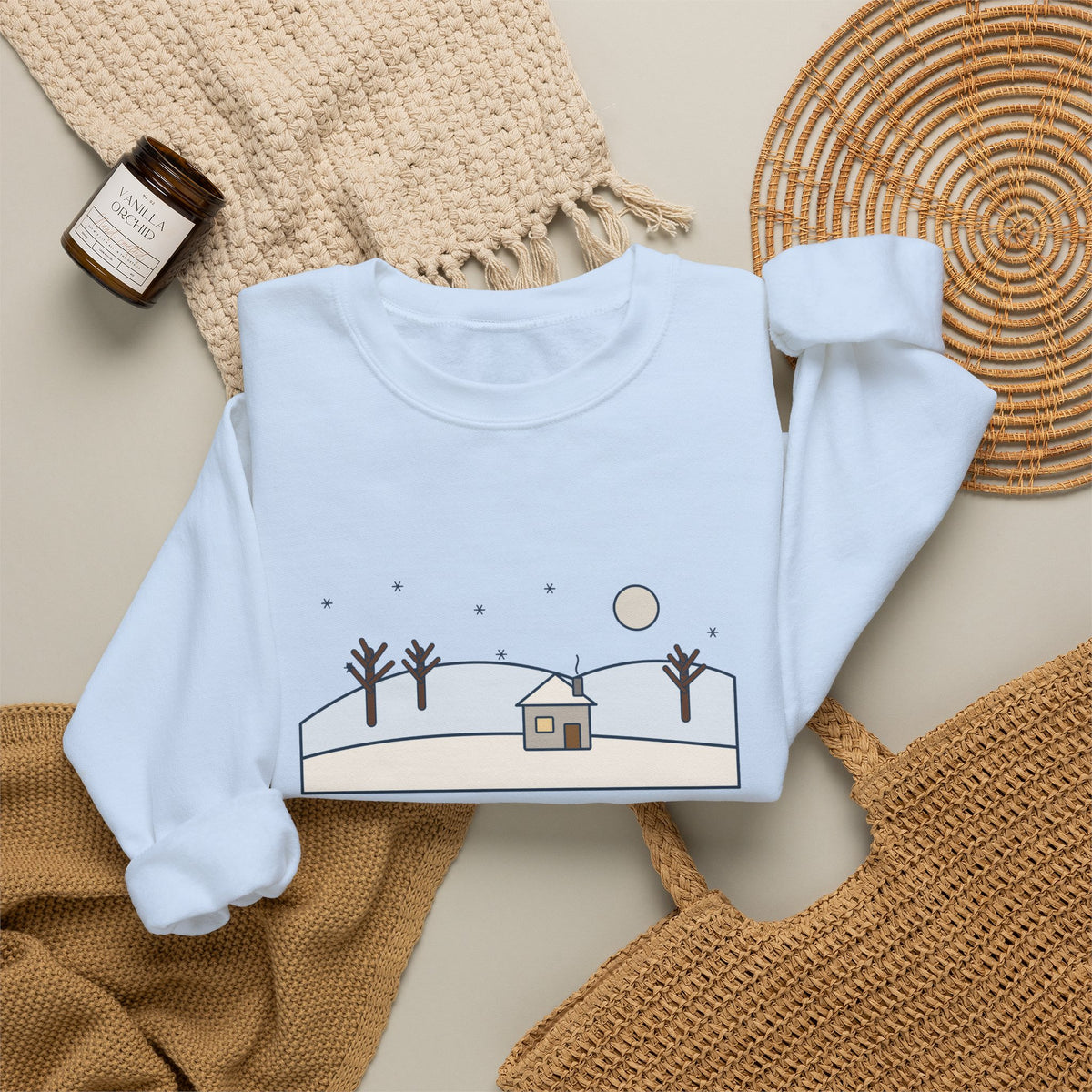In the Bleak Mid-Winter Sweatshirt, Winter Rossetti Quote Crewneck with Snowy Cottage Hill