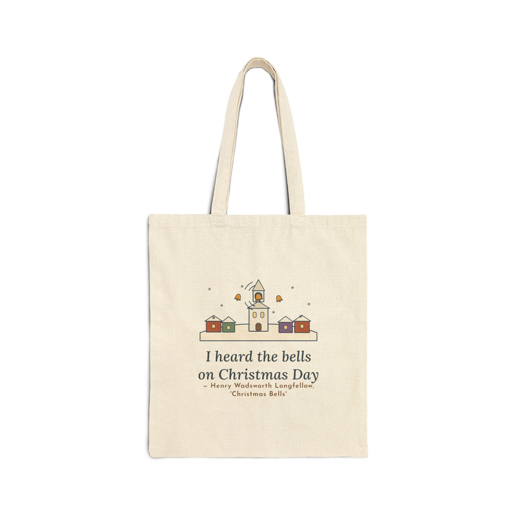 I Heard the Bells on Christmas Day Tote Bag, Christmas Longfellow Quote Tote with Village Bell Tower