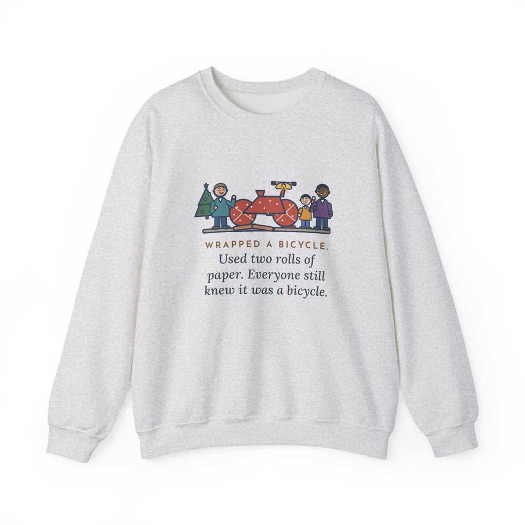 Christmas Gift Sweatshirt, Wrapped a Bicycle with Two Rolls of Paper, Everyone Still Knew, Funny Christmas Morning Crewneck