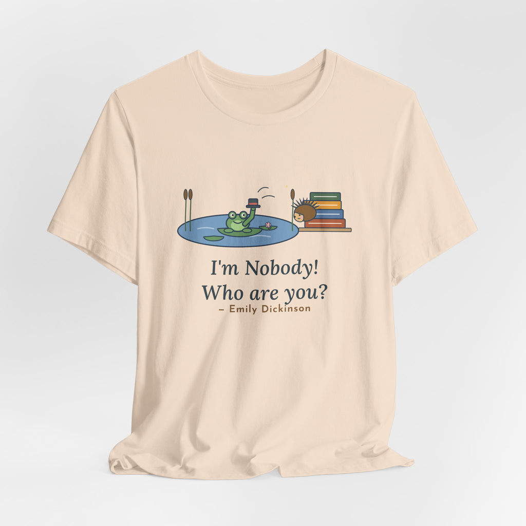 Dickinson Quote T-Shirt, I'm Nobody Poem, Literary Frog and Hedgehog Tee