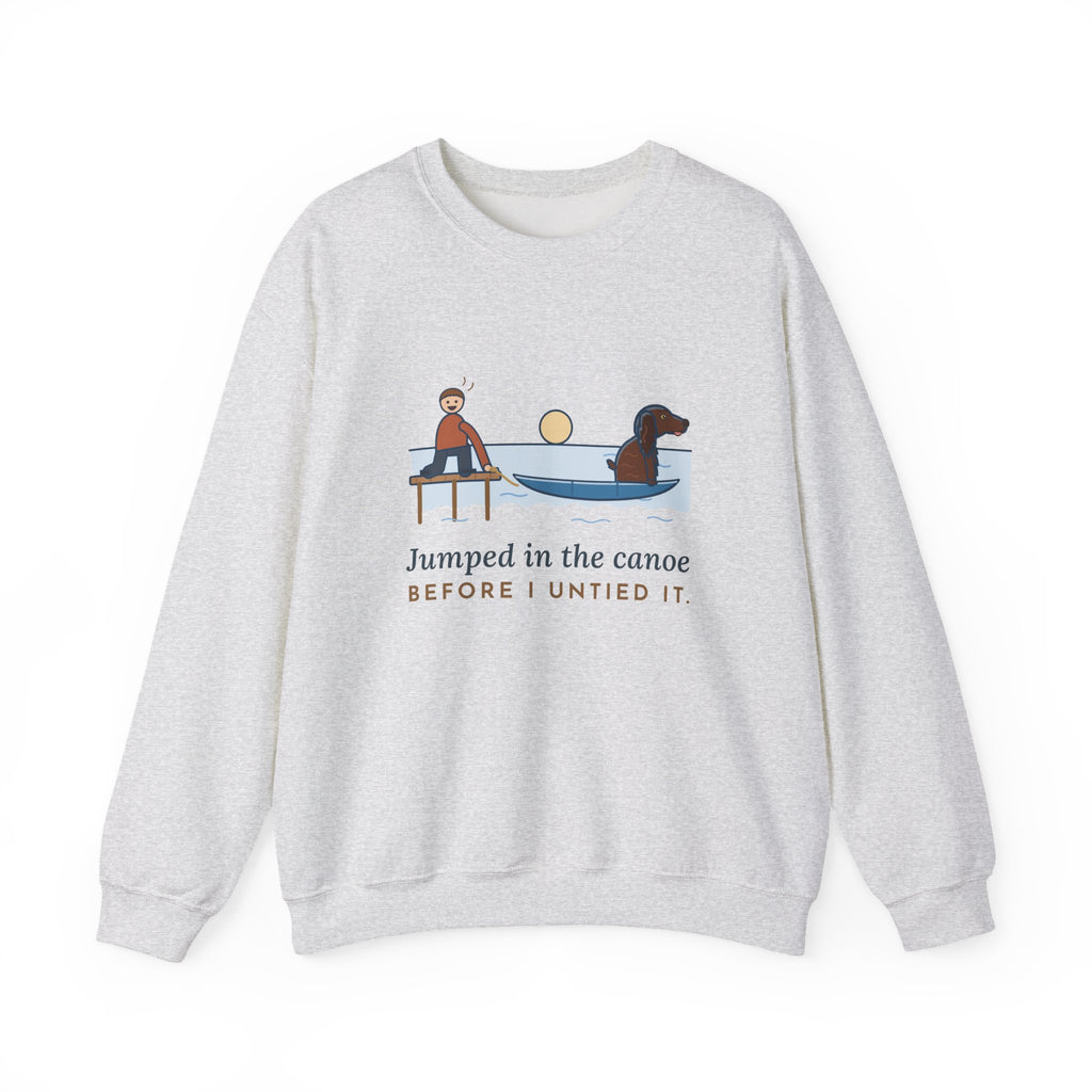 Boykin Spaniel Crewneck Sweatshirt - Seated in the Canoe Before the Rope Came Off