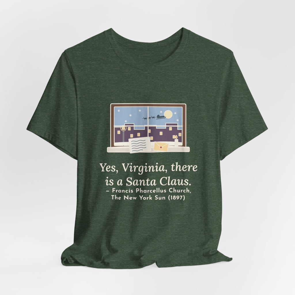 F. P. Church Quote T-Shirt, Yes Virginia 1897 Editorial, Christmas Snowy Windowsill Letter Tee