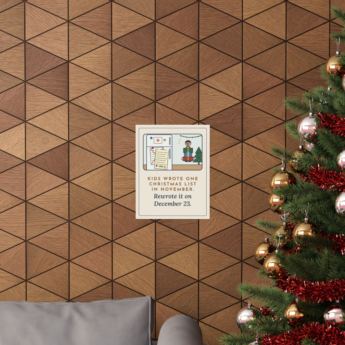 Christmas List Poster, Kids Wrote One in November, Rewrote It on December 23, Funny Fridge Door Wall Art