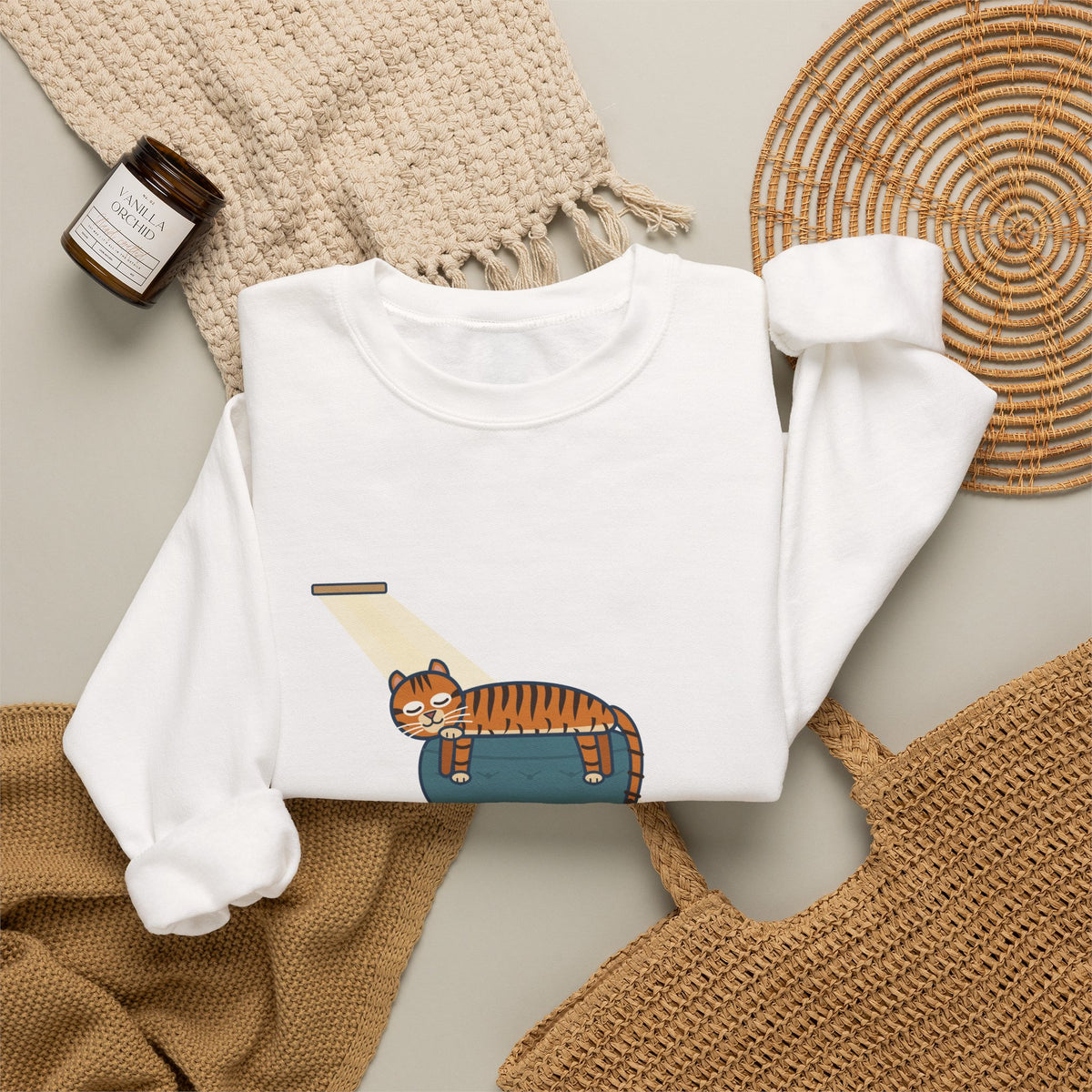 Tiger-Striped Cat Crewneck Sweatshirt - Sprawled on the Ottoman Like a Tiger on a Sun Rock Cat Gift