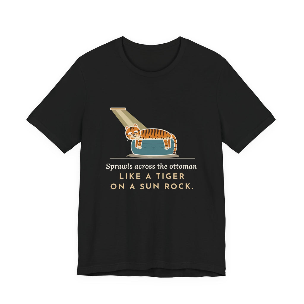 Tiger-Striped Cat T-Shirt - Sprawls Across the Ottoman Like a Tiger on a Sun Rock Striped Cat Tee