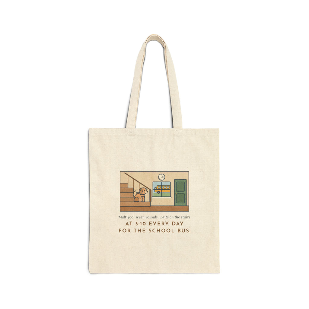 Maltipoo Tote Bag, Seven Pounds, Waits on the Stairs at 3:10 Every Day for the School Bus, Front Hall Wait