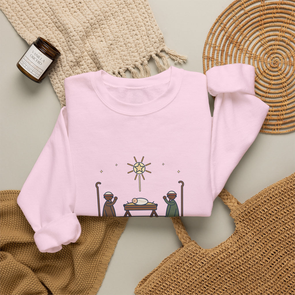 O Come, Let Us Adore him Sweatshirt, Christmas Oakeley Quote Crewneck with Woodcut Manger
