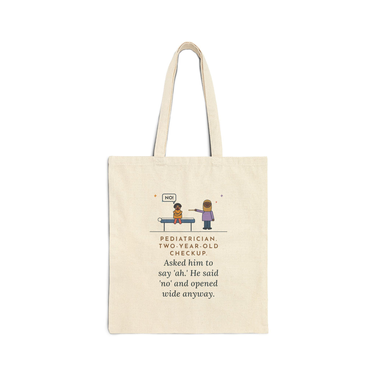 Pediatrician Tote Bag, Two-Year-Old Checkup, He Said No and Opened Wide Anyway, Exam Table