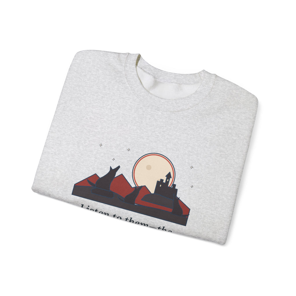 The Children of the Night Sweatshirt, Gothic Bram Stoker Quote Crewneck with Wolves and Red Moon