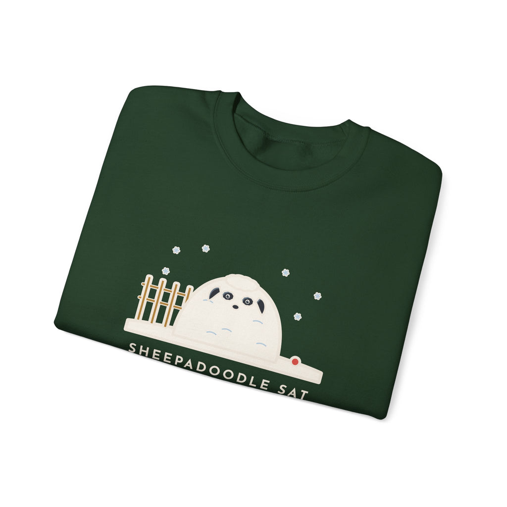 Sheepadoodle Sweatshirt, Sat Down in the Snow and Became a Snowdrift with Eyes, Funny Snowy Yard Crewneck