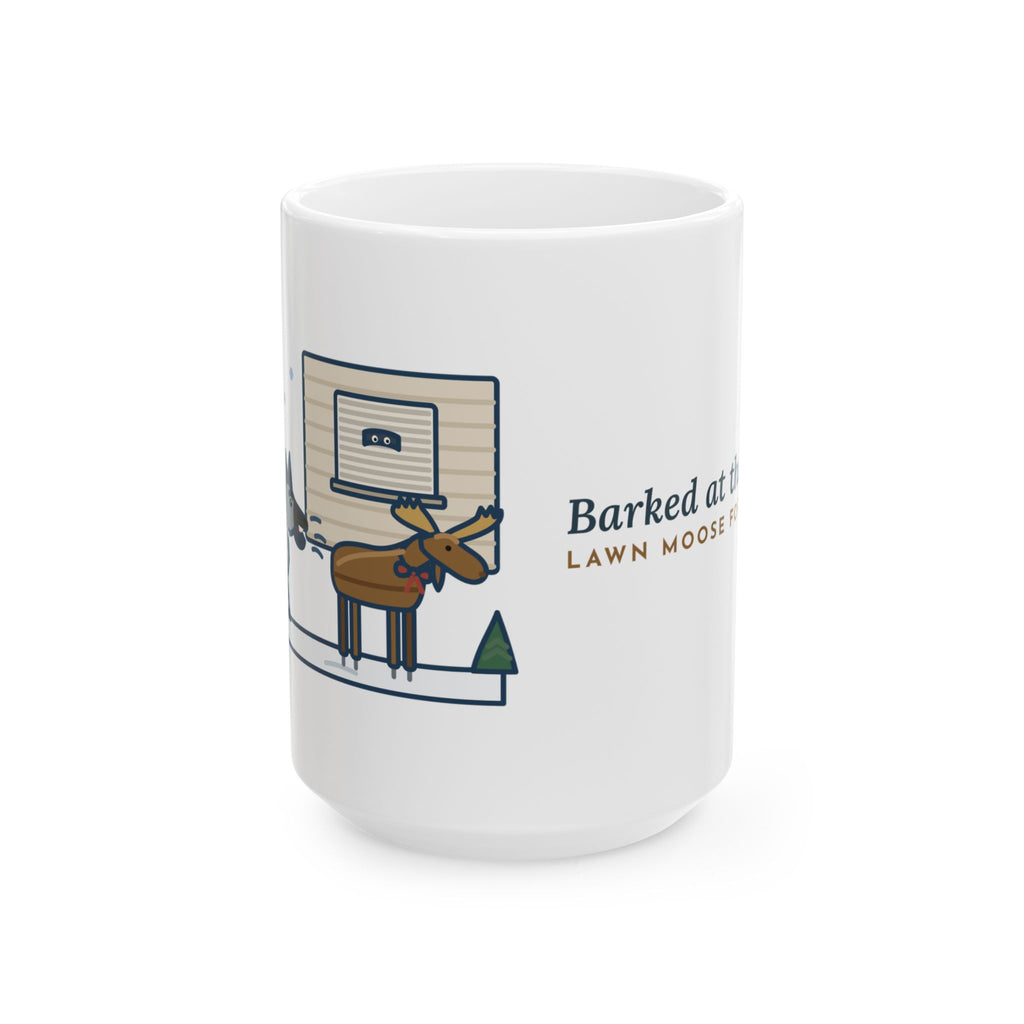 Large Norwegian Elkhound Mug 15oz - Barked at the Plastic Lawn Moose, Holiday Dog Mug