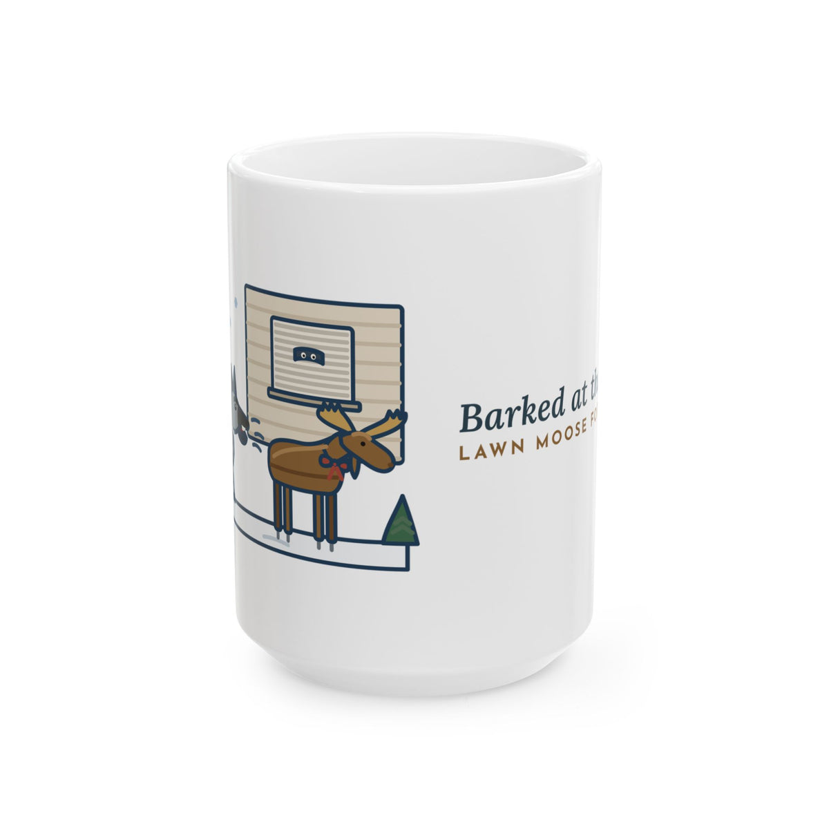 Large Norwegian Elkhound Mug 15oz - Barked at the Plastic Lawn Moose, Holiday Dog Mug