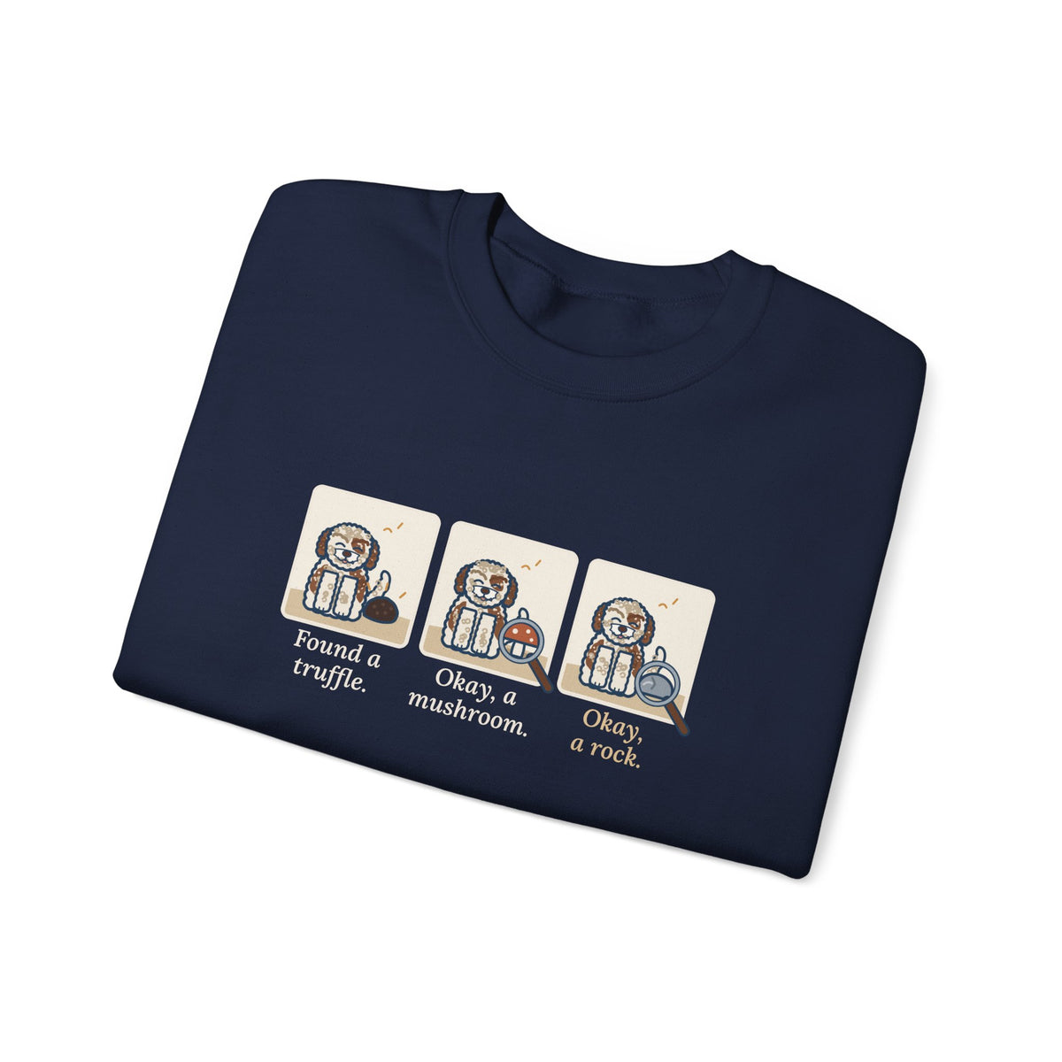 Lagotto Romagnolo Crewneck Sweatshirt - Truffle, Mushroom, Rock Three-Panel Dog Comic