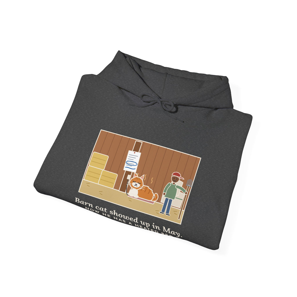 Funny Barn Cat Hoodie, Showed Up in May, Now He Has a Heated Bed and His Name on the Feed Bill