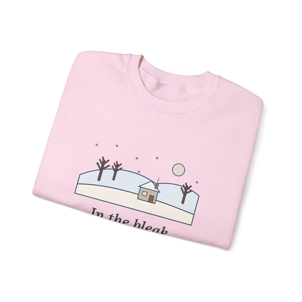 In the Bleak Mid-Winter Sweatshirt, Winter Rossetti Quote Crewneck with Snowy Cottage Hill