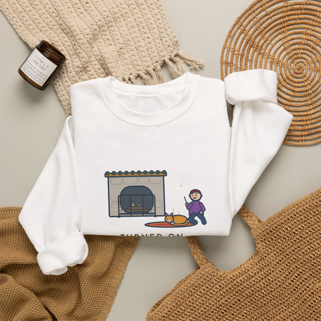 Fireplace Cat Sweatshirt, Turned On the Fireplace, The Cat Claimed the Warm Spot Before the Logs Caught, Funny Hearth Rug Crewneck